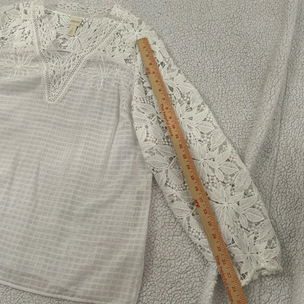Chico's Sz Large Tunic White Lace Sheer Floral Cut Out Long Sleeve Side Slit New